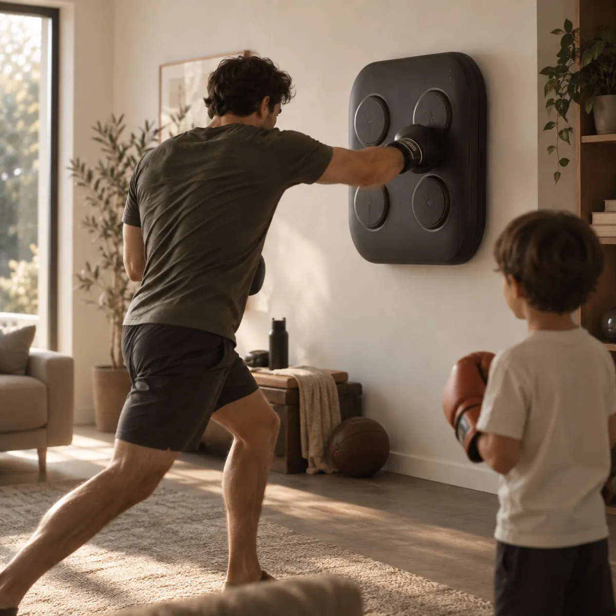 Adult and child taking turns on a wall-mounted music boxing machine at home