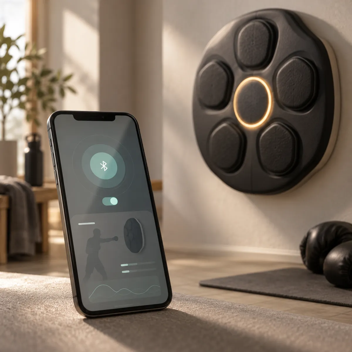 Close-up of a phone pairing over Bluetooth with a music boxing machine