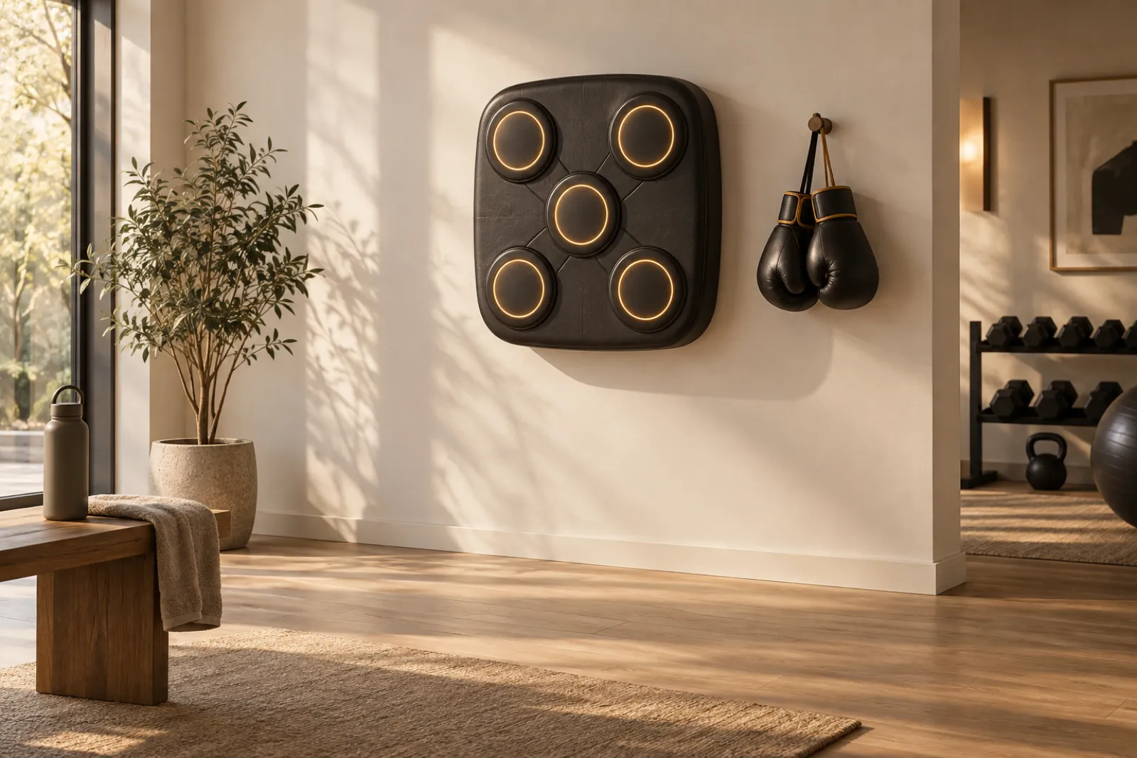 Top-pick music boxing machine mounted and ready with gloves on the wall