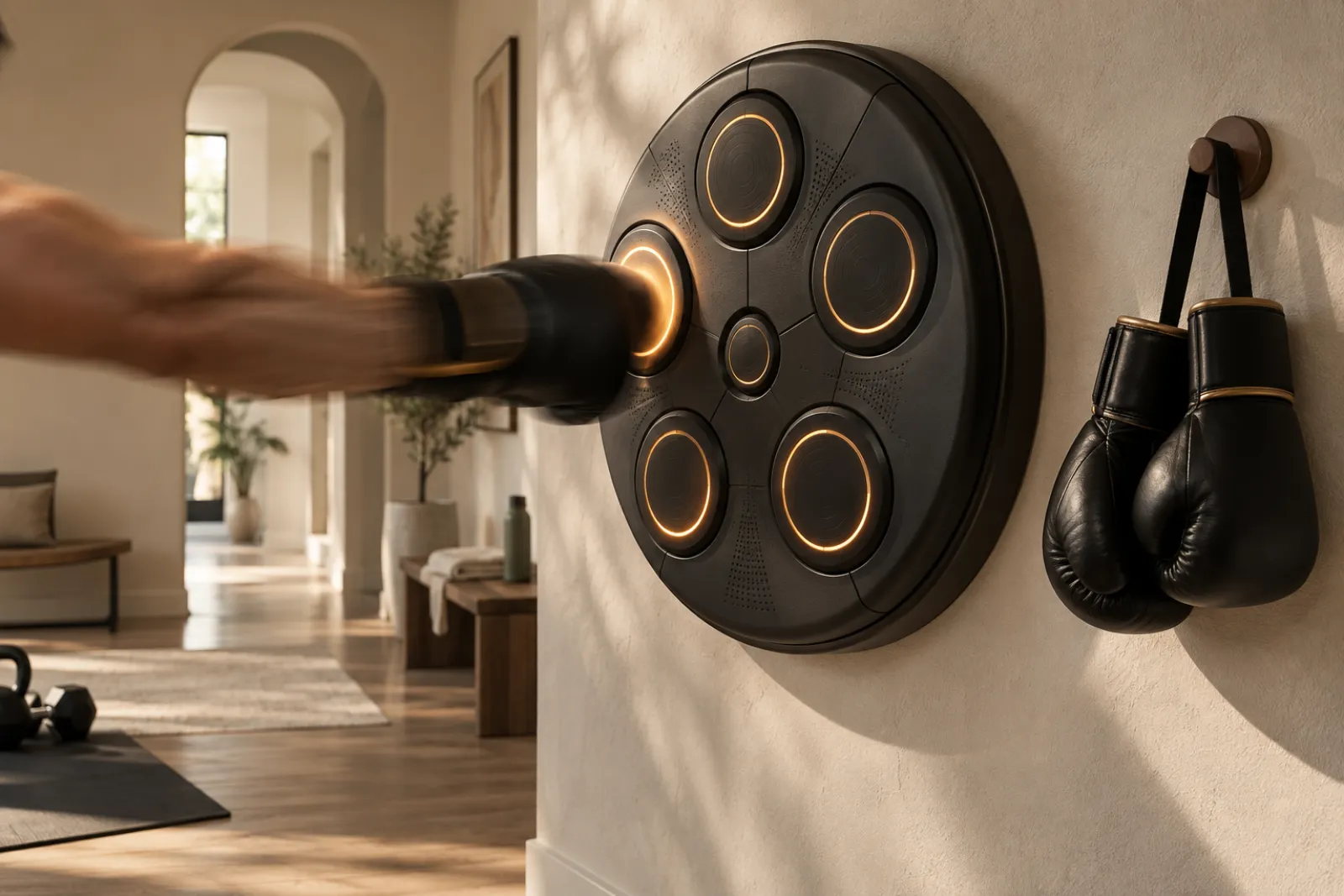 Wall-mounted music boxing machine with lit targets and boxing gloves in a home hallway