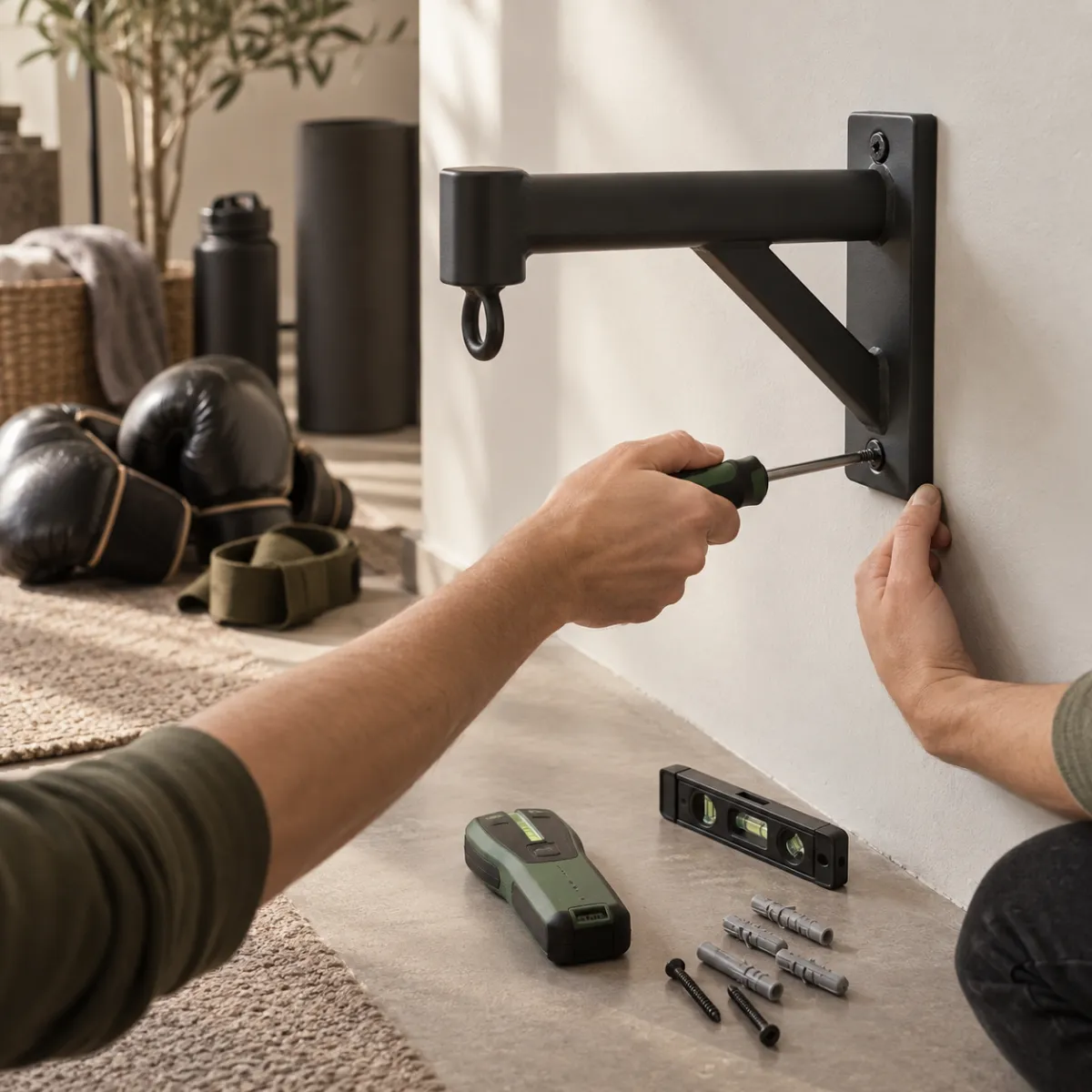 Fixing a wall-mounted boxing machine bracket into studs with anchors and straps